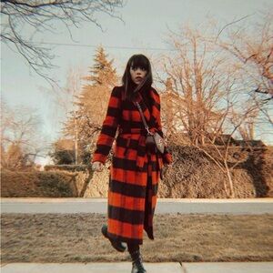 Tartan long trench coat